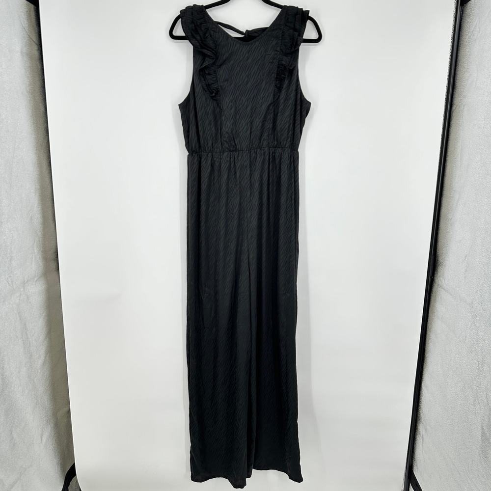 19 Cooper Jumpsuit Black Satin Zebra Ruffle Open Back Wide Leg Womens Lrg